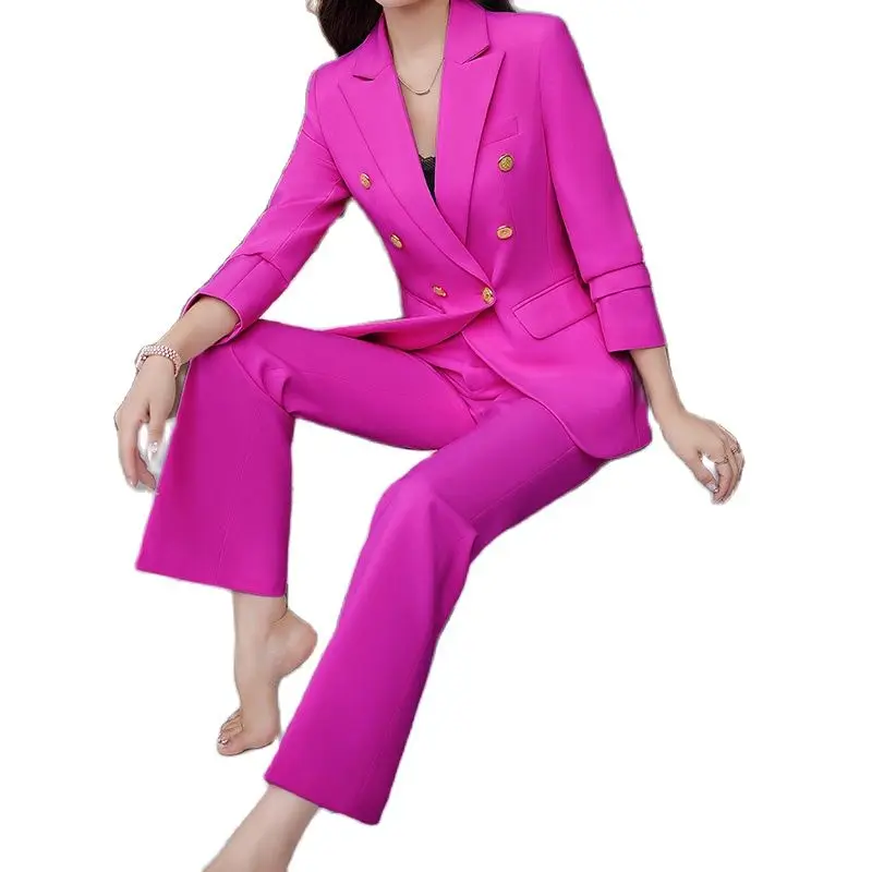 

Lenshin 2 Piece Set Simple Formal Pant Suit Blazer with Pockets Office Lady Designs Women Single Breasted Jacket and Flare Pant