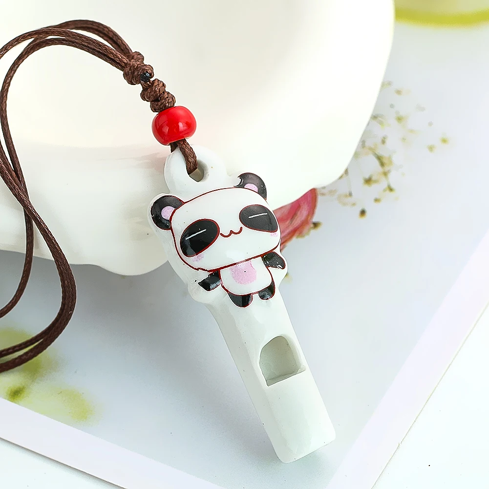 Ceramic Panda Whistle Necklace Cute Cartoon Colorful Printing Adjustable Rope Sweater Decoration Chain Children's Musical Toys