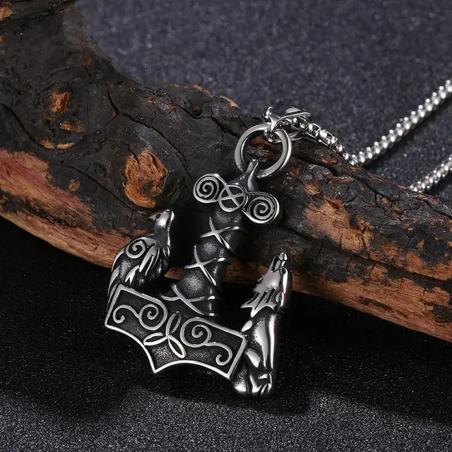 Stainless Steel Chain Thor s Hammer Mjolnir Bird and Wolf Pendant Necklace Men Viking Scandinavian Norse Necklace GL0072