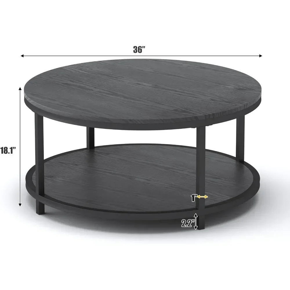 Rustic Industrial 35.8" Round Coffee Table with Storage Shelf and Sturdy Metal Legs, Easy Assembly 3