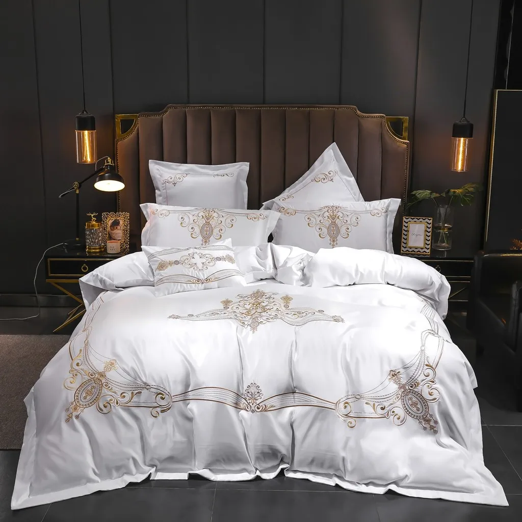 

Luxury Chic Gold Embroidery Satin Cotton Bedding Set White Grey Queen King size Duvet Cover Flat/Fitted Bed Sheet Pillowcases