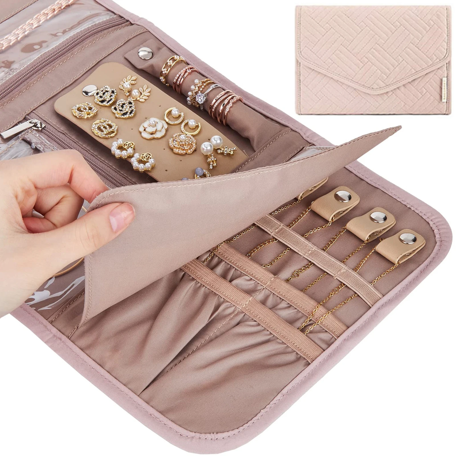 Travel Jewelry Organizer Roll with Zipper Pockets Large Hanging Jewelry Roll Bag Case for Rings, Earrings, Necklaces, Bracelets, Brooches, Waterpoof