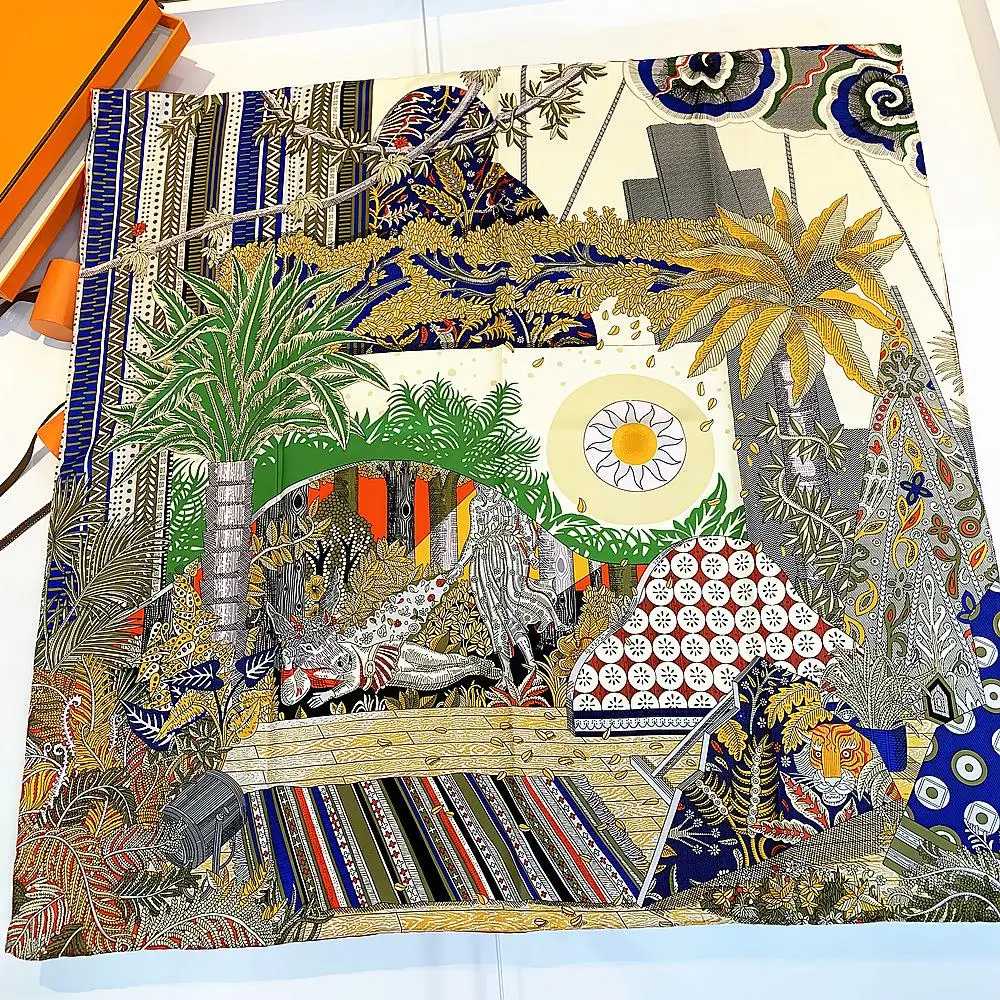 

90cm Square Shawl Scarves Luxury Brand Twill Silk Large Size Women Plant Jungle Sun Printed Headband Muslim Hijab For Ladies