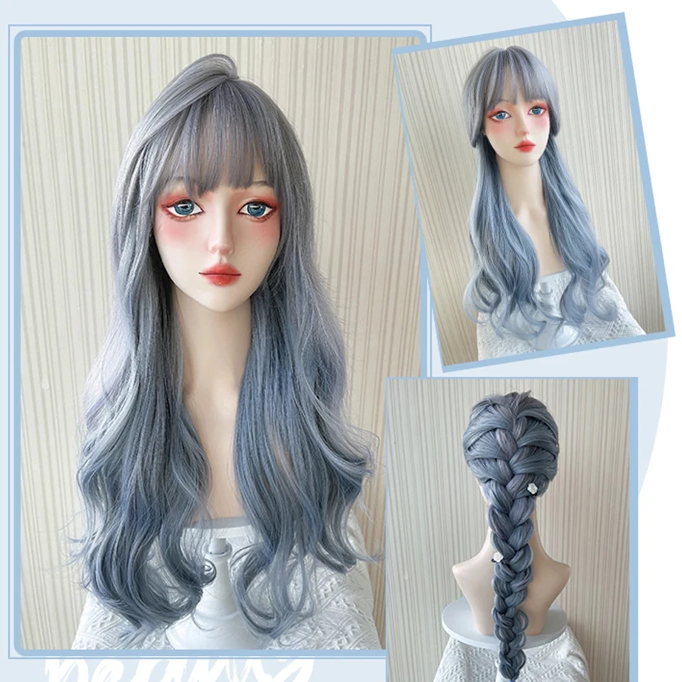 Blue Grey Synthetic Wigs for Women with Bangs