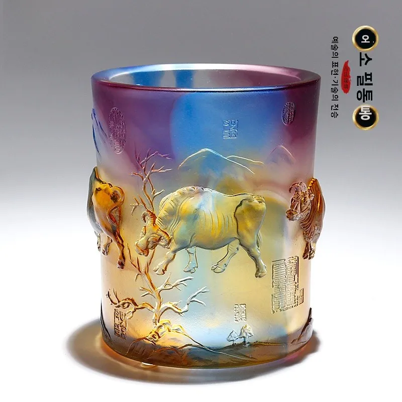 LiuLi 조디악 장 조각상 황소 펜 홀더 졸업 교사 리더십 사무실 데스크탑 생일 공예 선물 새로운 클래식 스타일