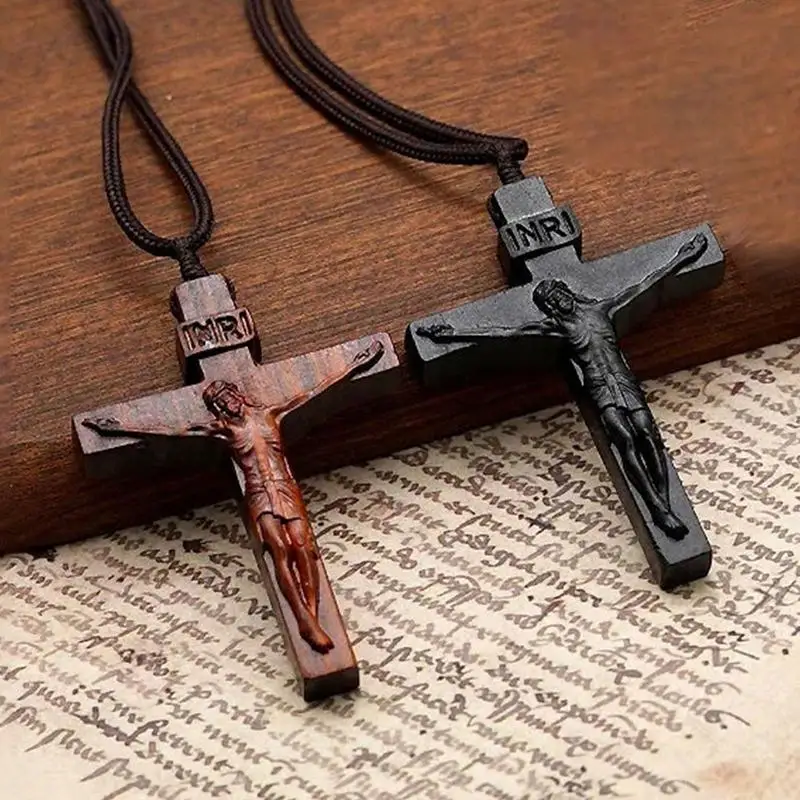 

Wooden Religious Catholic Pendant Men Vintage Charm Drop Necklace Wooden Crucifix Necklace Jesus Cross Necklace For Men Women