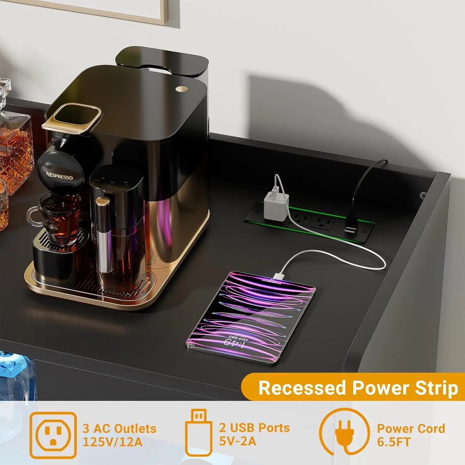 Liquor Cabinet Bar with Power Outlet and LED Light, Wine Bar Cabinet with Wine and Glasses Rack, Home Coffee Bar Cabinet