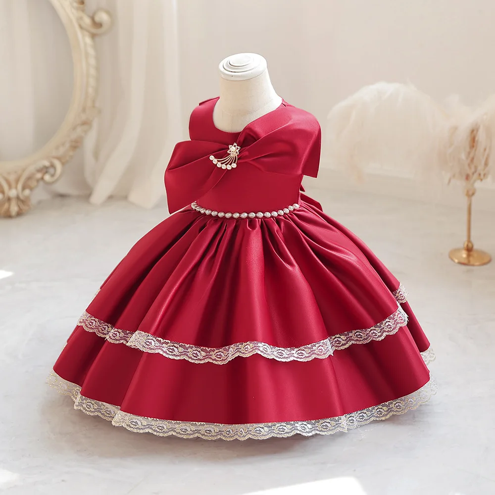 

Pearl Bow Baby Girl 1 Year Birthday Dress Infant Layered Ball Gown Kids Party Dresses Little Toddler Princess Vestidos 1-6T
