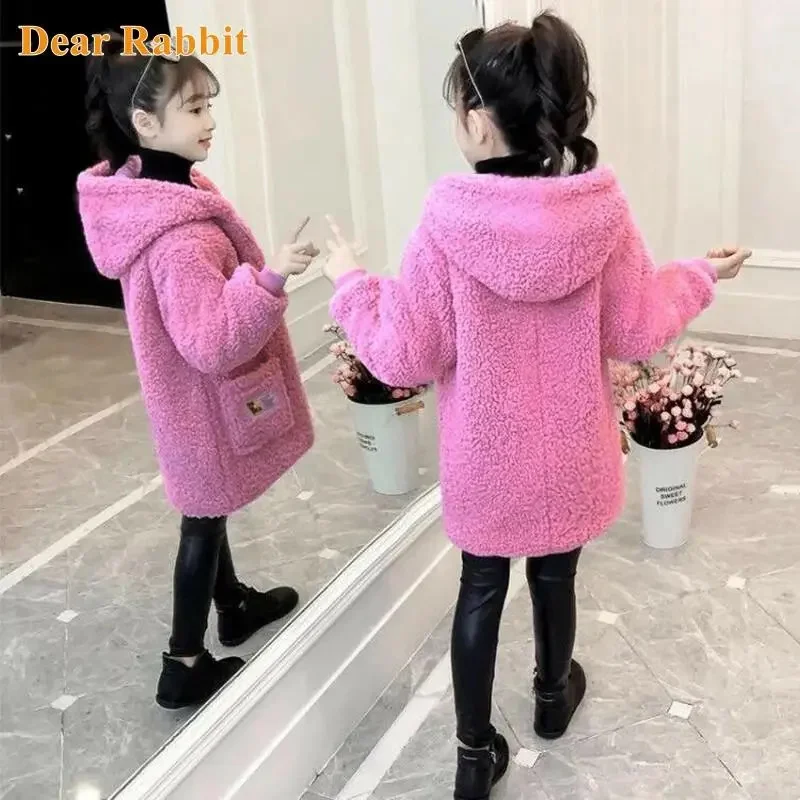 

4-13 Yrs Old Children Clothes Wool Coat For girls Autumn Winter Plus Velvet Thicken Hooded Jacket girl Windbreaker Kids Overcoat