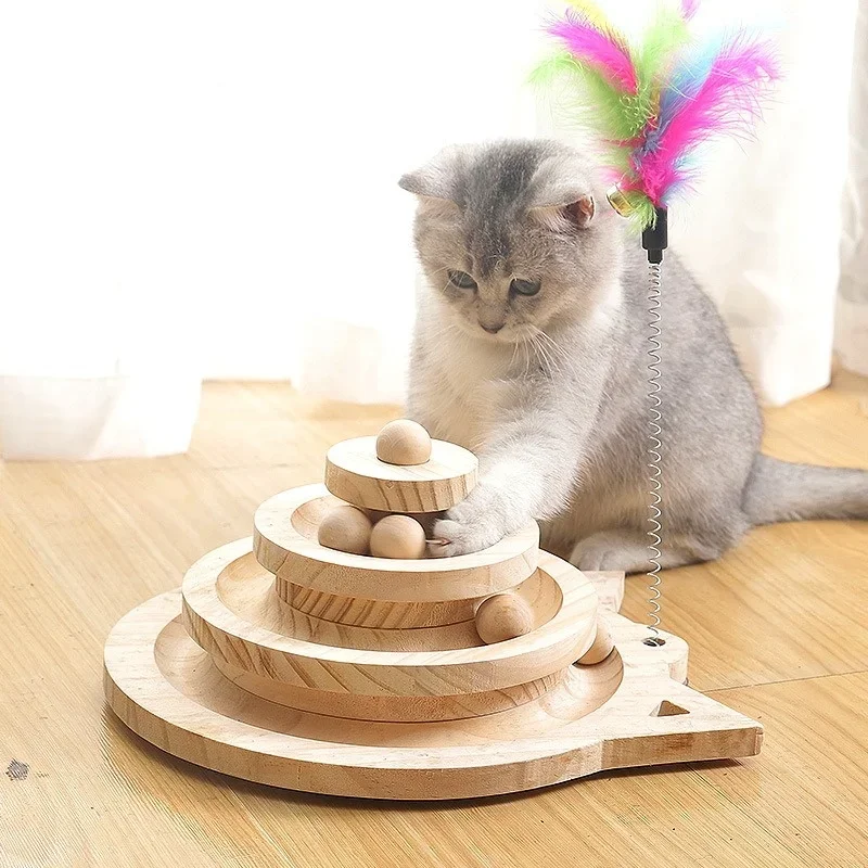 Wooden Cat Toy Tower with Tracks and Ball for Kitten Training