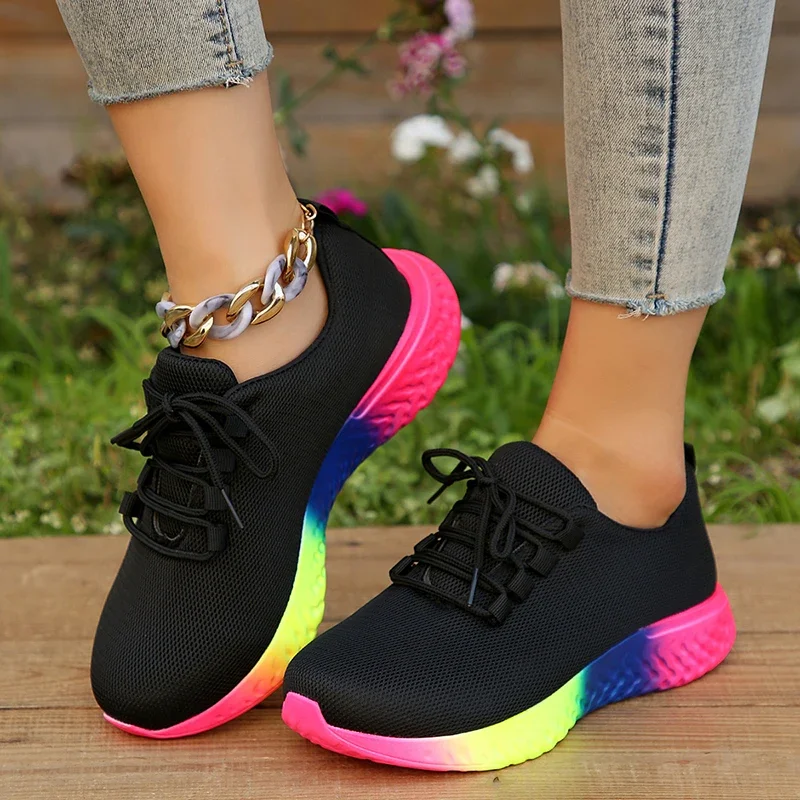 Rainbow Bottom Sneaker Shoes Women Lace-Up Breathable Mesh Casual Shoes Woman Outdoor Non-Slip Flats Chaussure Femme Zapatillas