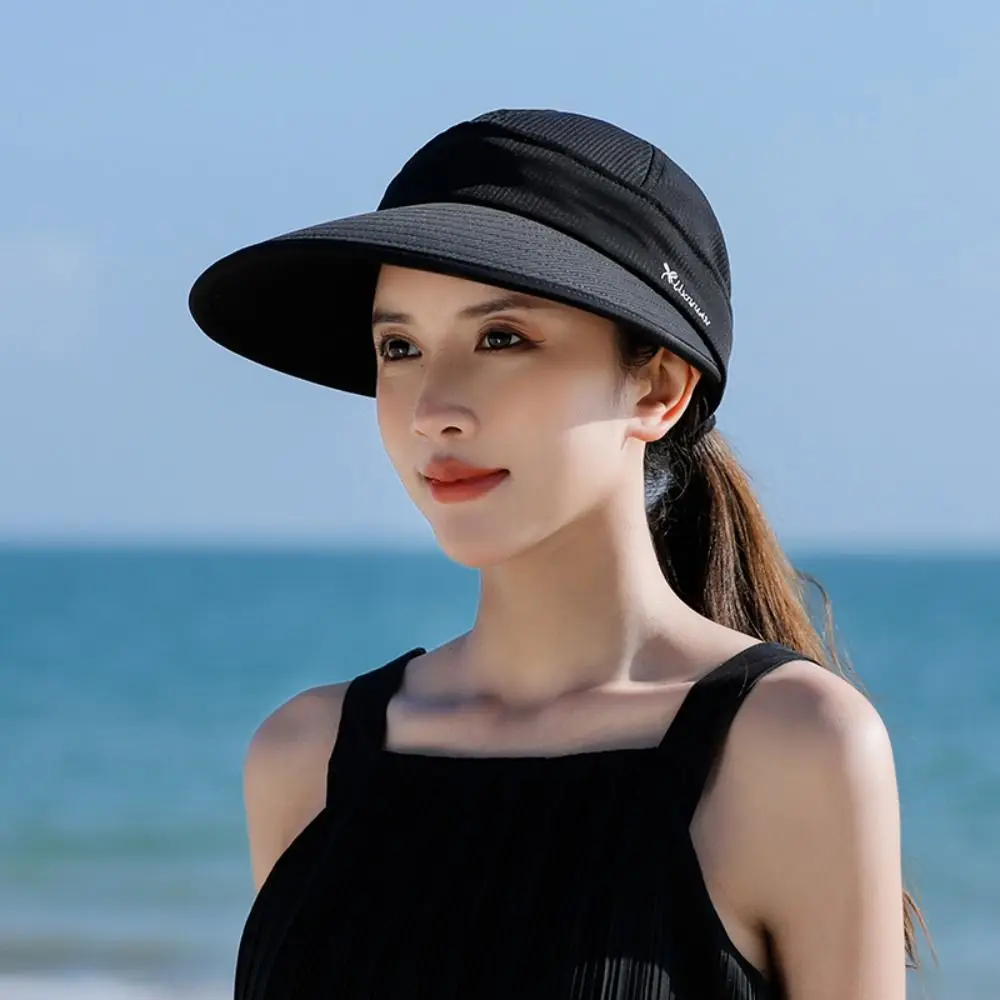 Women Summer Sun Hat Casual Foldable Wide Brim Detachable Empty Top Ponytail Cap Adjustable UV Protection Sun Hat 2