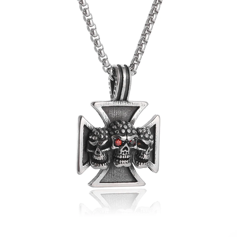 

Vintage Gothic Three Skull Cross Pendant Necklace Mens Punk Motorbike Ride Rock Party Exorcist Jewelry