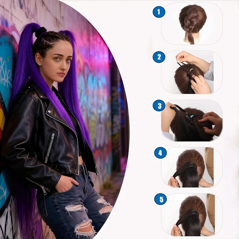 22-Inch Multi-Functional Elastic Purple Tail Ladies Long Straight DIY Wrapped Tail Soft Natural Synthetic Hair Daily Use