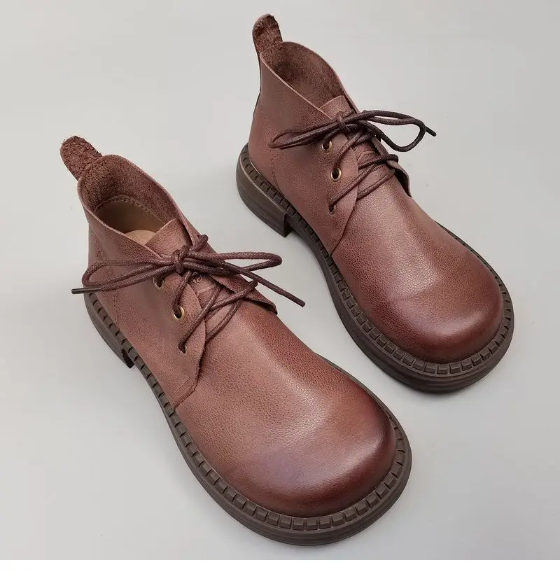 Genuine Leather Wide Toe Women's Shoes Spring Cowhide Short Boots Soft Sole Lace-up High-top Original Single Shoes