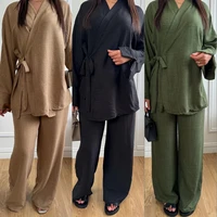Chemisier cardigan à lacets à manches longues pour femmes, haut et pantalon monochromes, vêtements du Moyen-Orient, ensemble islamique décontracté, fjArab, document, 2 pièces 1