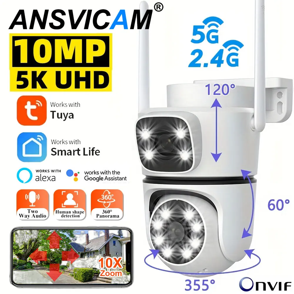 Tuya 4K WiFi Surveillance Camera 5G Wifi Outdoor 5K Dual Lens PTZ IP Cameras Auto Tracking ONVIF Security CCTV Camera with Alexa 1