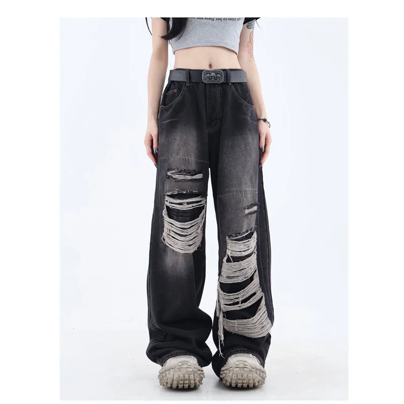 

American Style Black Women's Ripped Design Jeans High Waist Vintage Straight Denim Pants Spring Wide Leg Boyfriend Denim Trouser