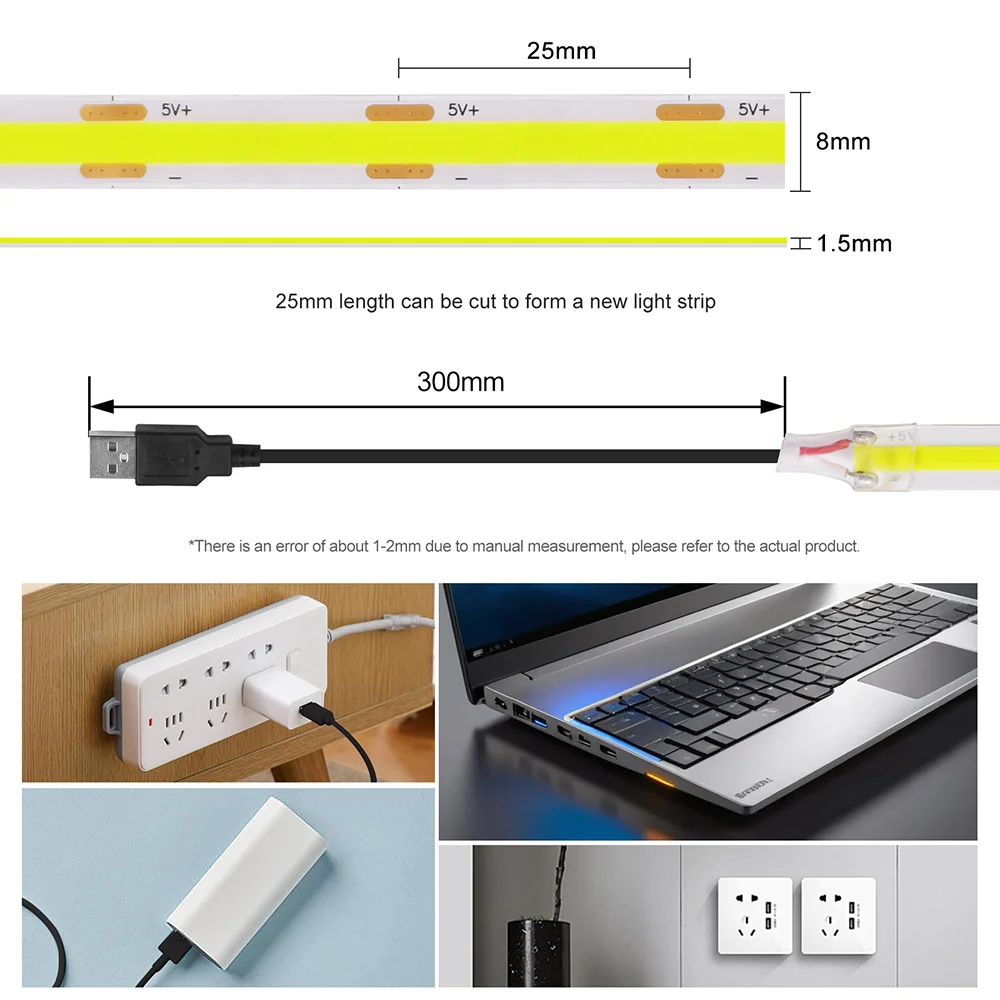 New 5V USB COB Strip Light 320Leds/m Warm Natural White Cabinet Lamp Night Lighting Flexible LED Ribbon Stripe DC5V TV Backlight 5