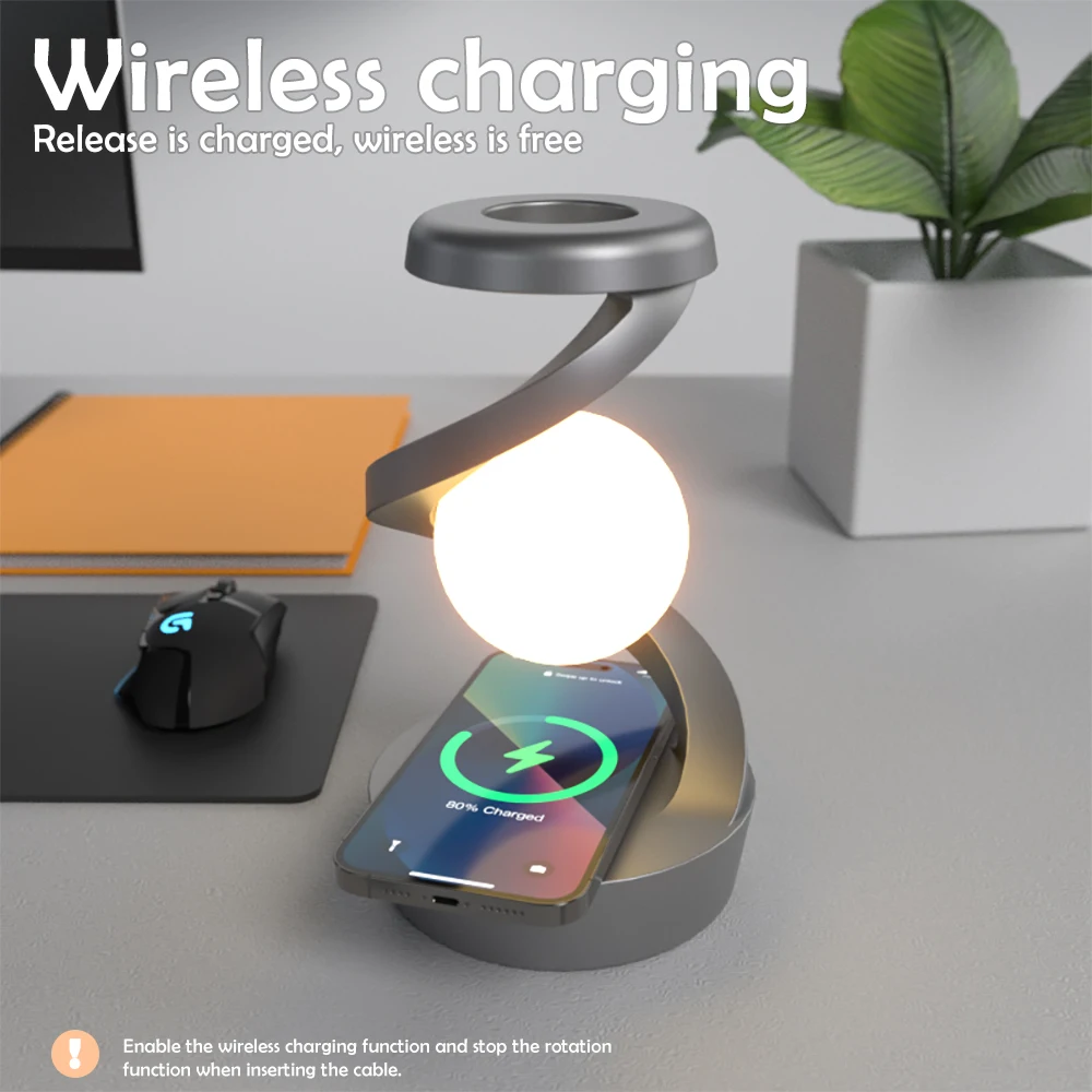 LED 360° Rotating Night Light With Wireless Charger Cordless Desk Lamp Rechargeable LED Levitating Night Light For Living Room 5