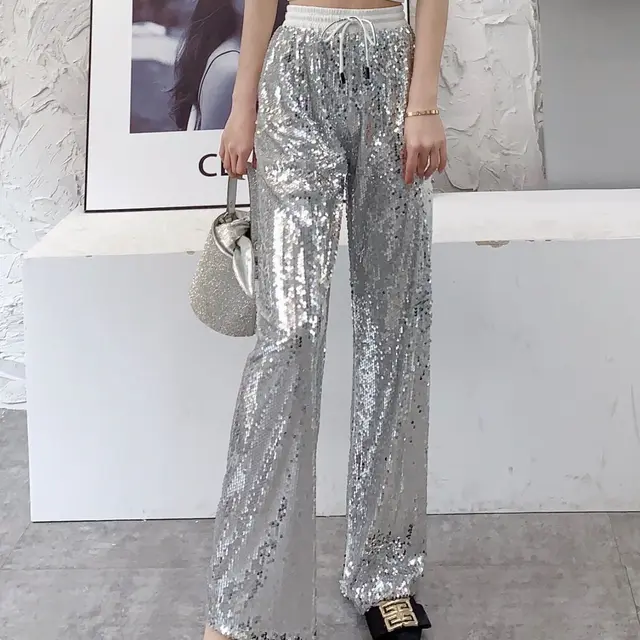 Streetwear Sparkling Sequin Wide Leg Pants Loose High
