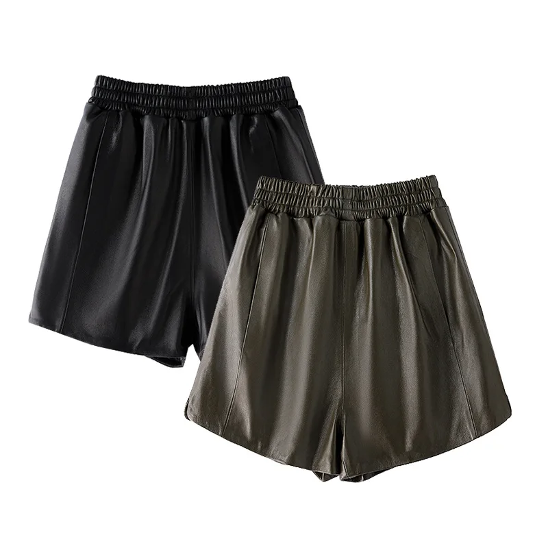 

Good Quality Soft Sheepskin Elastic High Waisted Leather Shorts, Camellia Green Round Split Hem Leather Pants