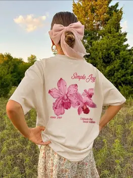 Retro 100% Pure Cotton American Pink orchid Summer New Cute Casual Women's Oversize T-shirt 1