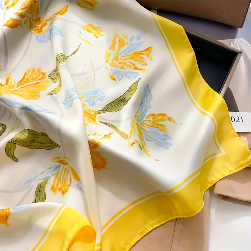 Luxus Designer Gelb Floral Square Print Schal Frauen Seidenschals Bandana Hijab Halstuch Schal Kopftuch Haarband Foulard – Detail 6
