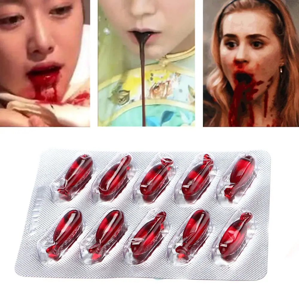 10Pcs Hematemesis Capsules Halloween April Fools Day Party Props Realistic Fake Blood Pills Prank Toy