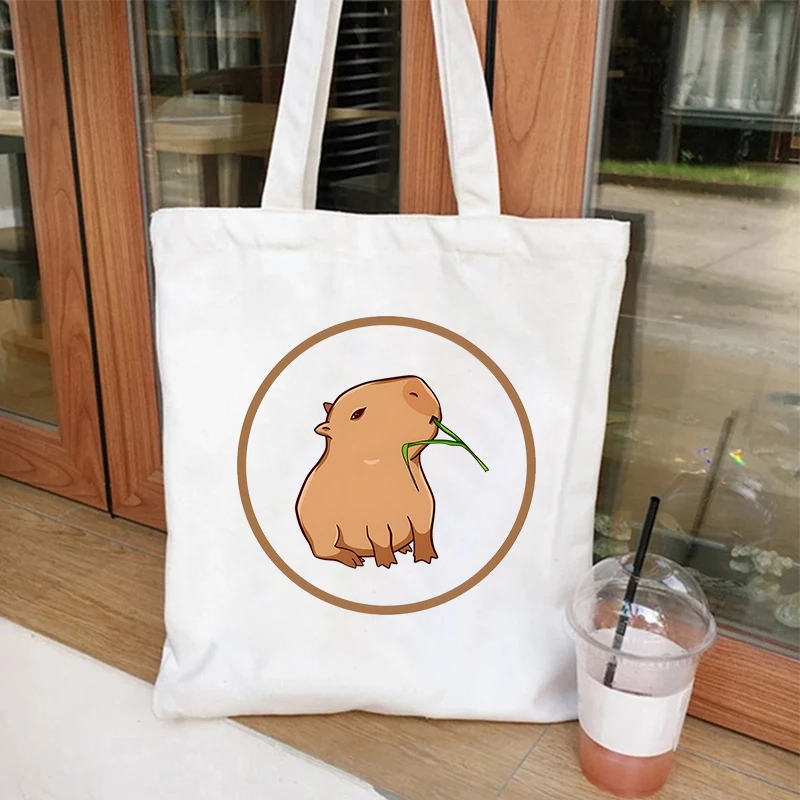 Cute Capybara Anime Women Reusable Recycle Canvas Shopping Bags Capybara Cartoon Shopper Tote Handbags