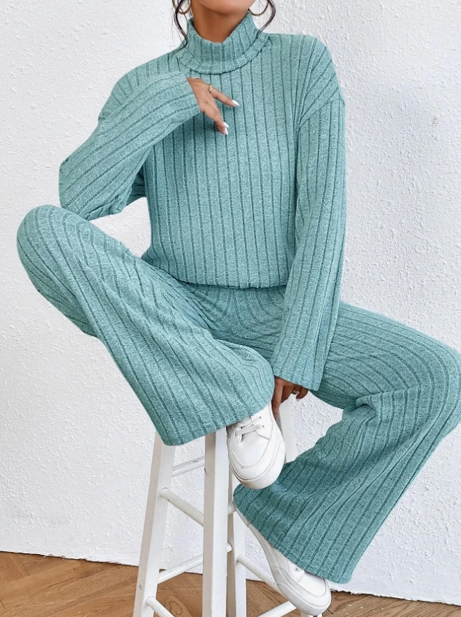 

Fashion 2023 Women Outfit Suits Autumn Winter Casual High Neck Knitted Long Sleeve Top & Loose Pants Two Piece Set Female New