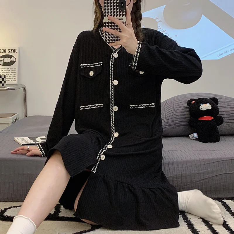 Foply Women Nightgowns 100% Cotton Nightdress Cute Sleepdress Solid Nightwear Long Sleeve Sleepwear Loose Soft V-Neck Homewear