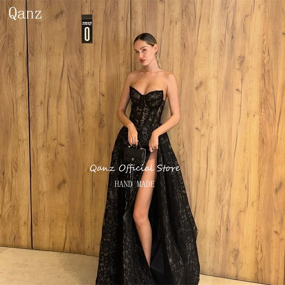 Qanz Black Lace Vestidos De Fiesta Elegantes High Slit Sweetheart Open Back Prom Party Dresses Formal Dresses Woman Customized