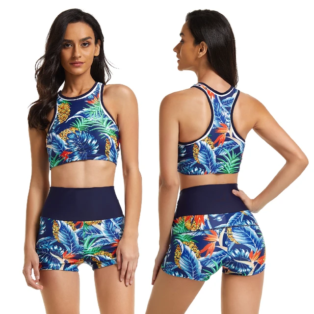 Women's Two Piece Halter Swimsuit Racerback Athletic Push Up Bikini Set  Swimwear With Boyshorts Sporty High Neck Bathing Suit - Rash Guards -  AliExpress