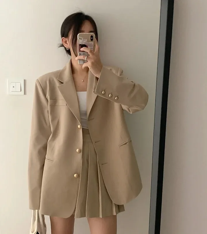 Korean Chic Two-piece Skirt Set Women Single Breasted Blazer Loose Jacket Solid Pleated Mini Skirt Autumn Office Lady Outfits