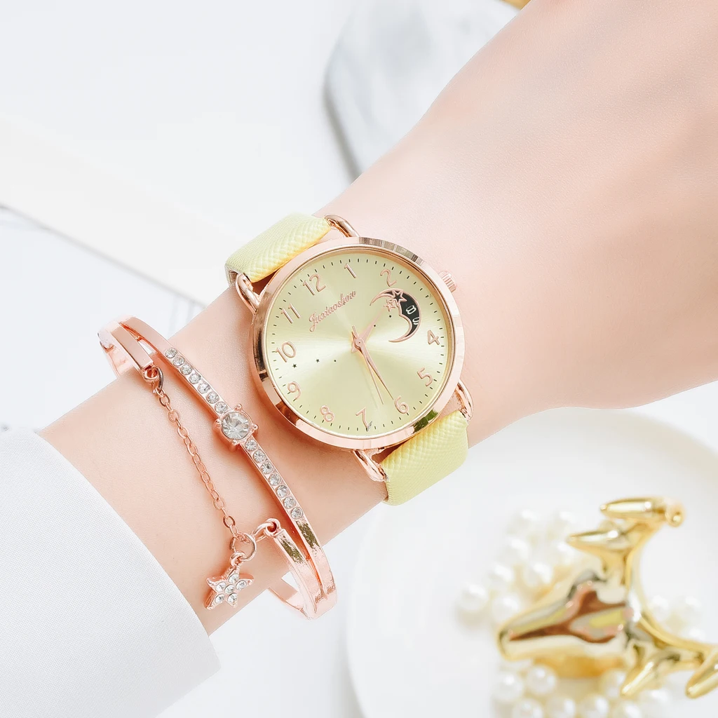 Women Watch Moon Numbers Dial Bracelet Watches Set Ladies Leather Band Quartz Wristwatch Women Female Clock Relogio Mujer
