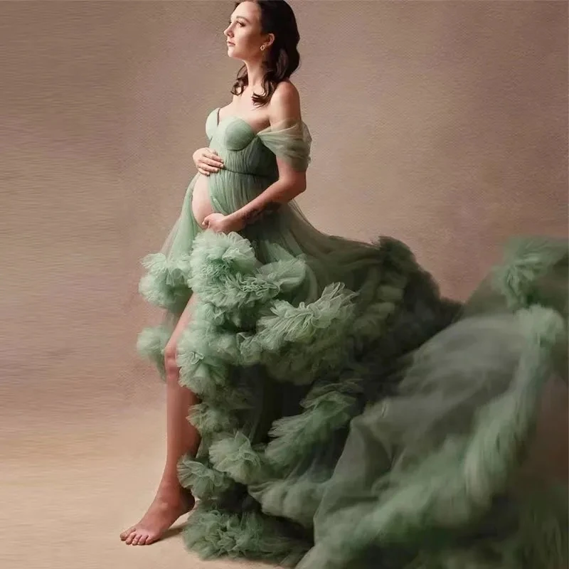 

Green Tulle Long Maternity Dress for Photo Shoot Soft Ruffles Tiered Mesh Pregnant Gowns Baby Shower Nightwear Pajamas with Slit