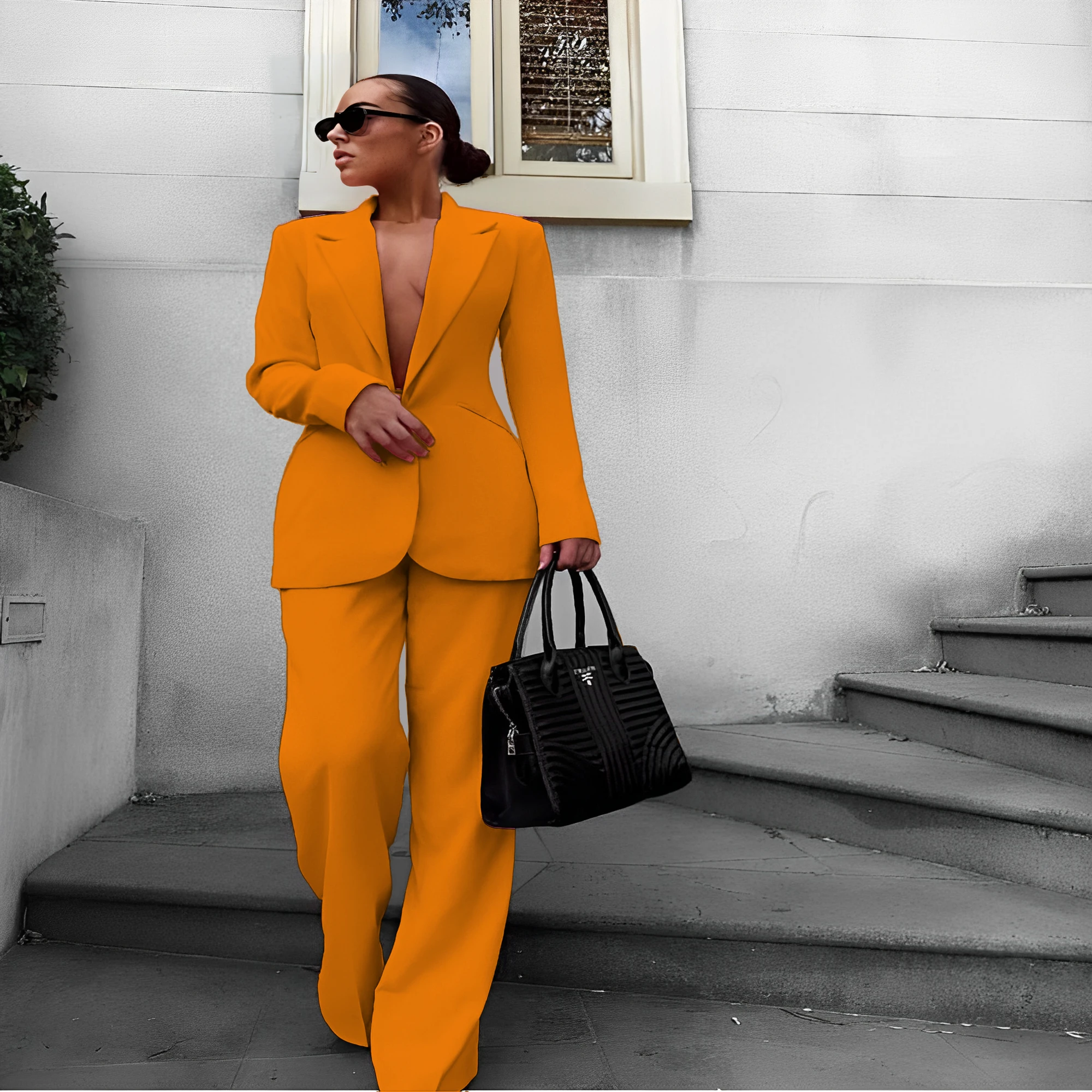 Women's Pink Suit 2 Piece Single Breasted Peak Collar Fashion Casual Jacket Jacket and Wide Leg Pants Custom Set