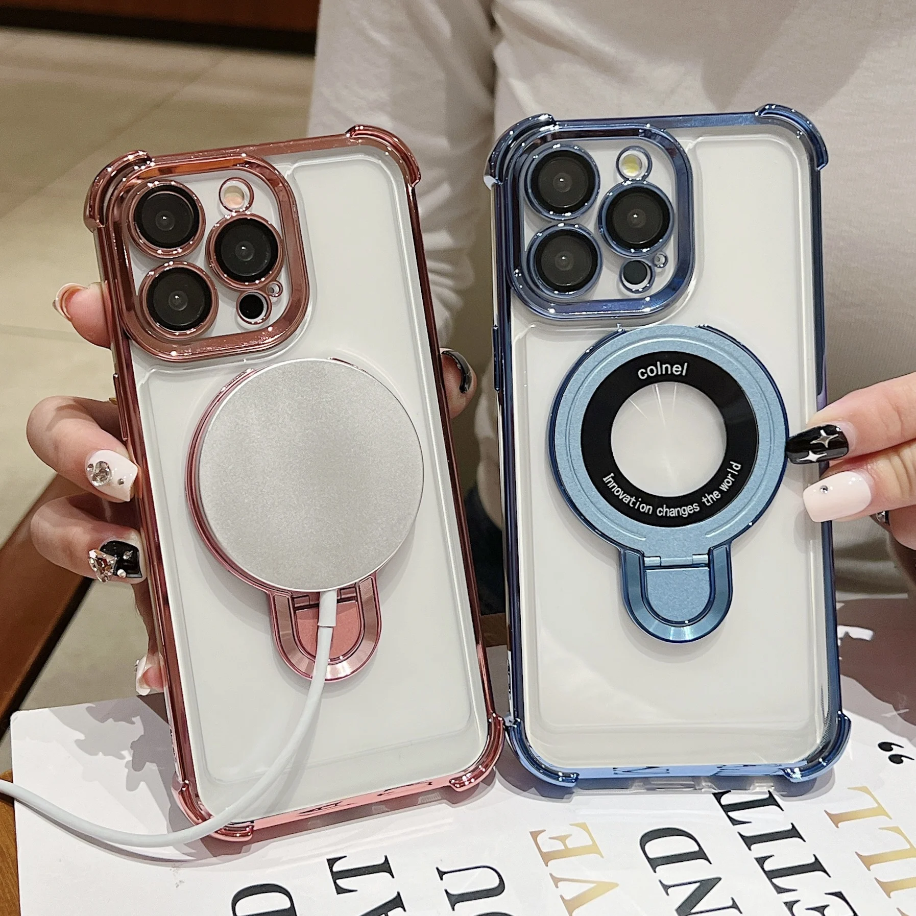 Fashion Plating Magnetic Bracket Case for iPhone 17 16 15 14 13 12 Pro Max Case With Holder Stand Shockproof Cover for Magsafe 3