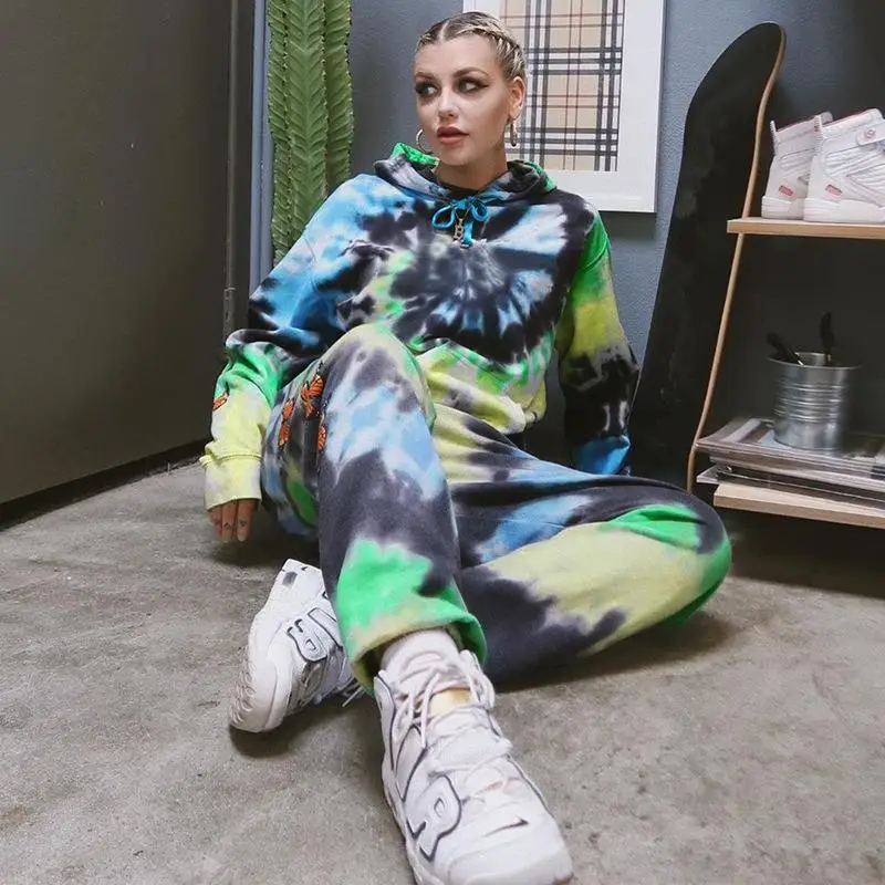 

Модный комплект из двух предметов с принтом в виде бабочки, женский спортивный костюм с капюшоном, свободная уличная одежда с длинным рукавом