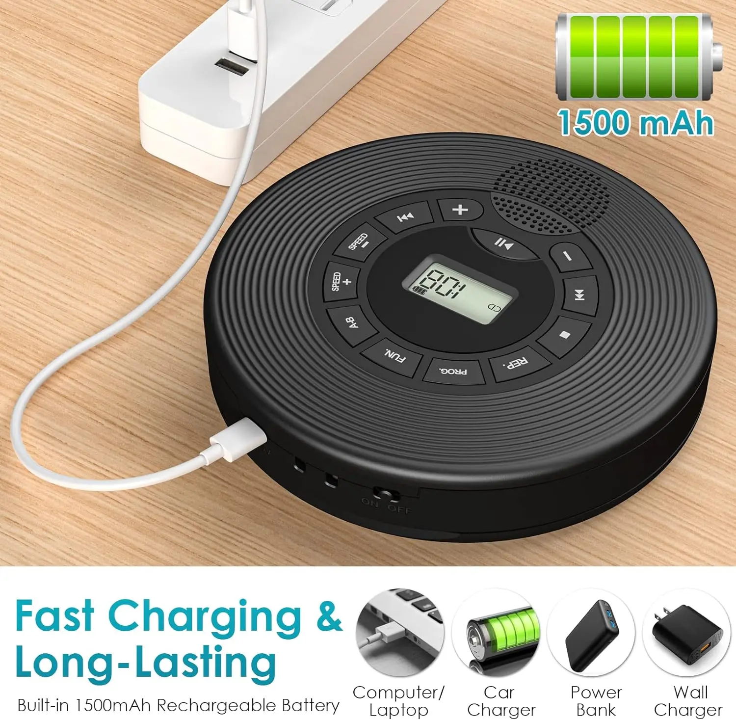 Portable Personal CD Player and MP3 Player with Anti Skip Protection and dual Stereo Speaker, play speed adjust player,AUX