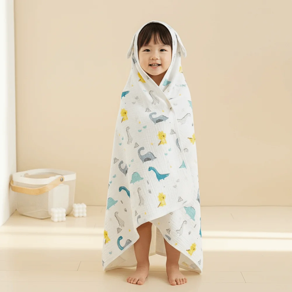 Cartoon Printed Baby Gauze Bath Towel Four Layer Soft Hooded Bathrobe Absorbent Comfortable Infant Bathrobe Sleepwear