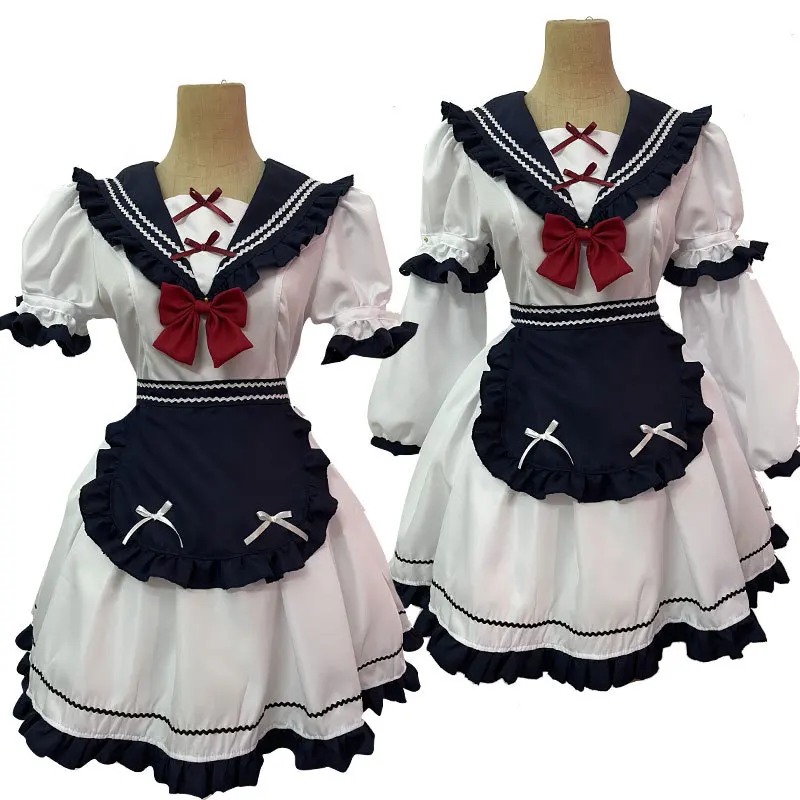 New Japanese Small Navy Dress Lolita Maid Outfit JK Pleated Bow Cute Lolita Dress Women Maid Outfit Anime Servant Uniform