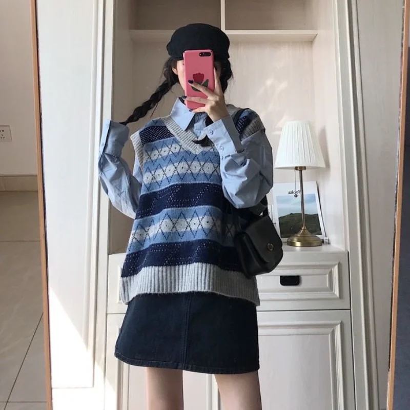 

Deeptown Preppy Style Vintage Argyle Sweater Vest Women Korean Fashion Oversize Knitted Top Harajuku Streetwear Hippie Jumper