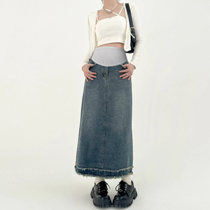 Fashionable Pregnant Women's Denim Skirt Spring/Summer High Waist Mid length Support A-line Skirt Fur hem long skirt
