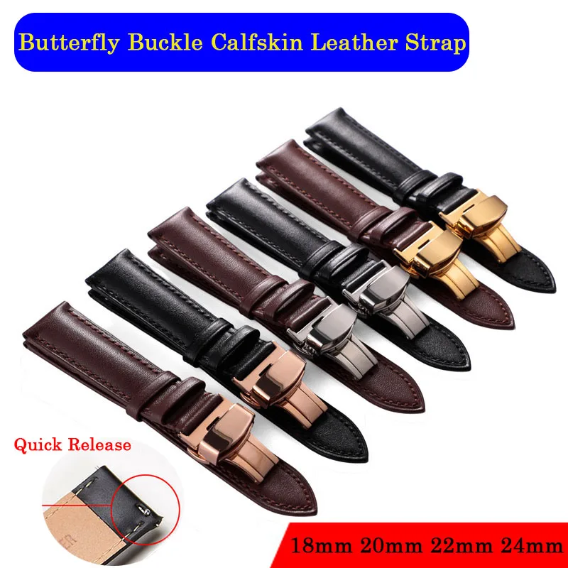 

18/20/22/24mm Quick Relase Bracelet Plain Patten Cowhide Leather Watch Band Strap with Butterfly Buckle Men's Watch Accessories