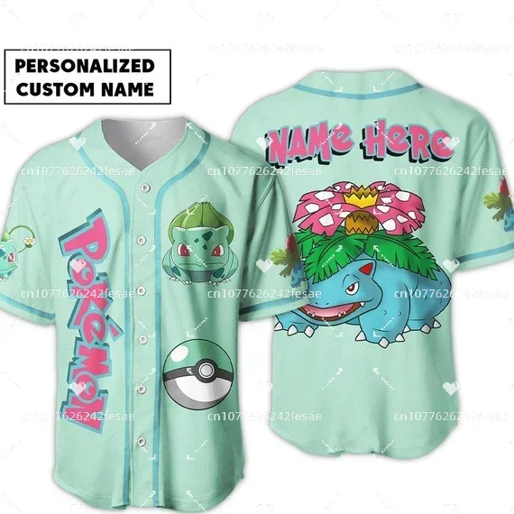 

New Pokemon Anime Bulbasaur Baseball Jersey Men's and Women's And Kids's Short Sleeve Sportswear Pokemon Baseball shirt