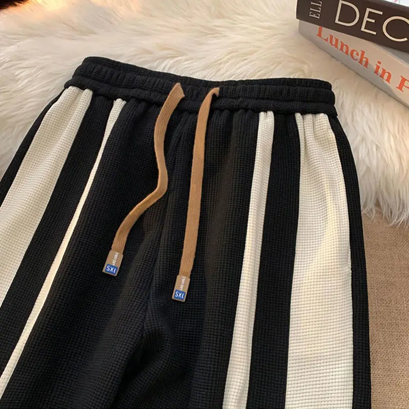 2023 Spring Summer Contrast Color Elastic Waist Wide Leg Trousers Woman Casual Drawstring Pockets Street Motion Straight Pants