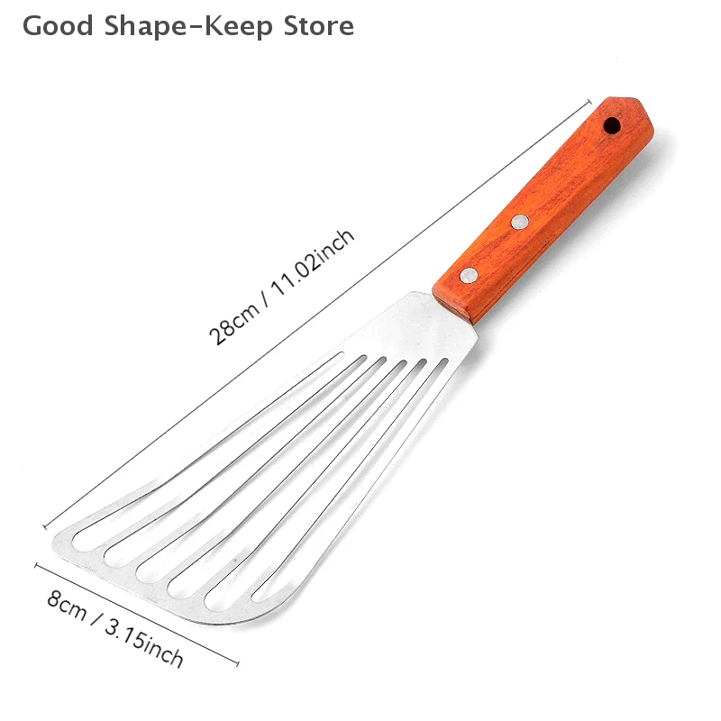 1PC Stainless Steel Cooking spatula Fish Frying Shovel With Wooden Handle Fan-shaped Shovel Household High-temperature Shovel 6