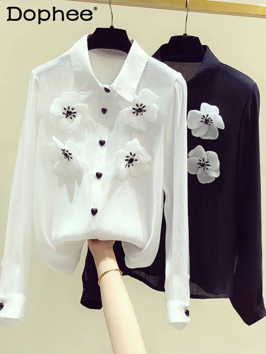 

Sweet Three-Dimensional Flower Long-Sleeved Blouse Women High-end Office Lady Shirt White Shirt Top 2022 New Summer Camisa Mujer